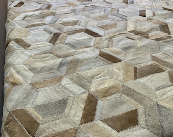 La Boca Cowhide Rug 8.2x10.6 ft | Hexagon Patchwork Cowhide Rug | Ready to Ship | Ivory, Taupe & Light Gray | Handmade Argentina