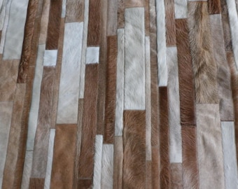 Cowhide Patchwork Rug, Beige: Handmade Patchwork Congreso Striped Design