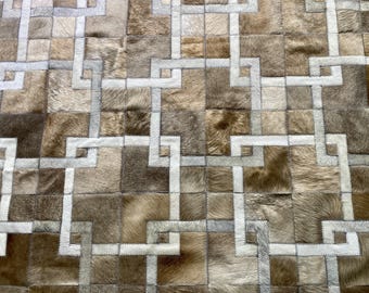 Handmade Cowhide Patchwork Rug, Taupe Background and Light Gray Leather Area Rug, Custom Size Western Decor, Pergamino
