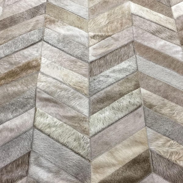 Taupe Cowhide Rug: Chevron Patchwork Design, Handmade
