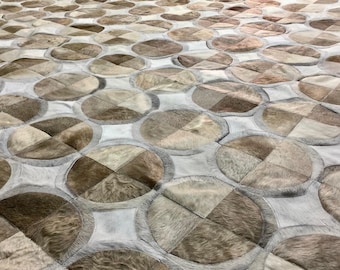 Handmade Cowhide Patchwork Rug, Taupe and Light Gray Leather Area Rug, Custom Size Modern Farmhouse Decor, Bragado