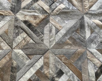 Patchwork Cowhide Rug, Grey Taupe Leather (Handmade, Soft Texture), Cumbrecita
