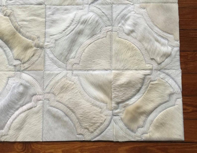 Handmade Cowhide Patchwork Rug, Off White Leather Area Rug, Custom Size Modern Farmhouse Decor, Pinamar image 4