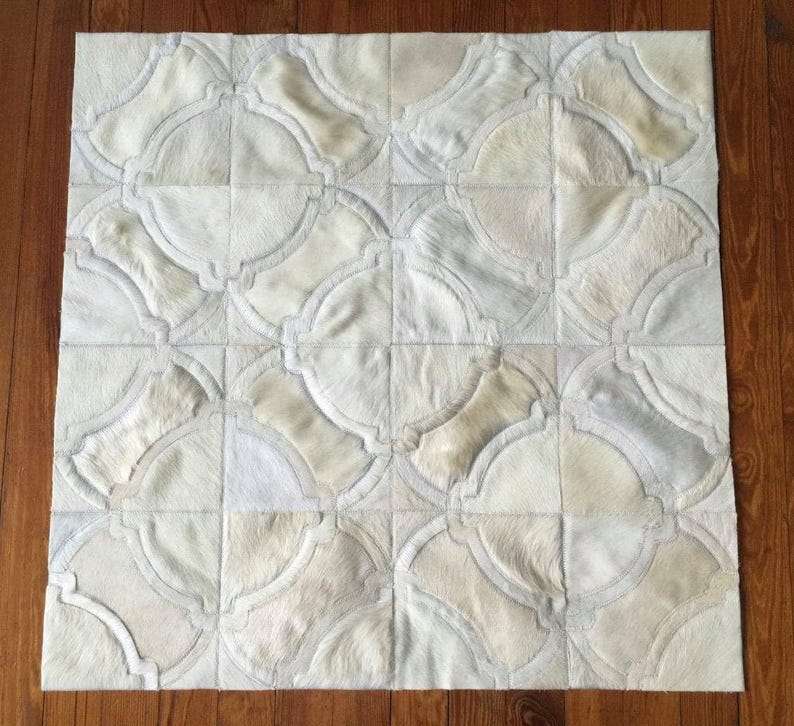 Handmade Cowhide Patchwork Rug, Off White Leather Area Rug, Custom Size Modern Farmhouse Decor, Pinamar image 3
