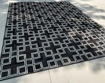 Rivadavia Dark Gray Cowhide Rug 9.5x12 ft | Geometric Patchwork Cowhide Rug | Ready to Ship | White Grid Pattern | Handmade Argentina