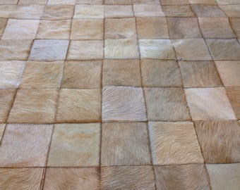 Cowhide Patchwork Rugs: Patchwork Cowhide Rug - Beige Squares, Handmade Leather Tiles, Custom Sizes