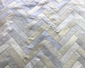 Handmade Cowhide Patchwork Rug, Off White and Creams Leather Area Rug, Custom Size Transitional Decor, Crespo