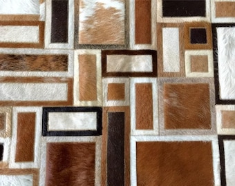 Handmade Cowhide Patchwork Rug: Cream, Caramel, and Beige