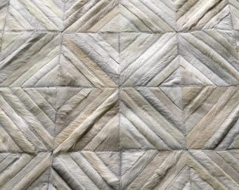 Handmade Cowhide Patchwork Rug, Off White Leather Area Rug, Custom Size Rustic Decor, Barrio Norte (15 x 15 cm square panels)