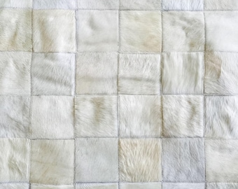 Handmade Patchwork Cowhide Rug: Ivory White Hair-on-Hide, Boedo