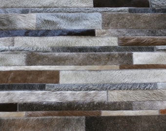 Handmade Cowhide Patchwork Rug: Gray Brown Taupe Striped Congreso Rug