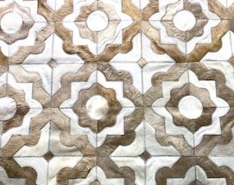 Handmade Cowhide Patchwork Rug: Cream, Ivory, and Taupe