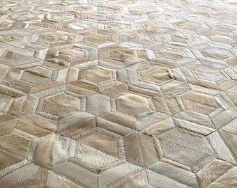 Handmade Cowhide Hexagon Patchwork Rug, Mix Of Cream and Ivory Leather Area Rug, Custom Size Modern Farmhouse Decor, La Boca
