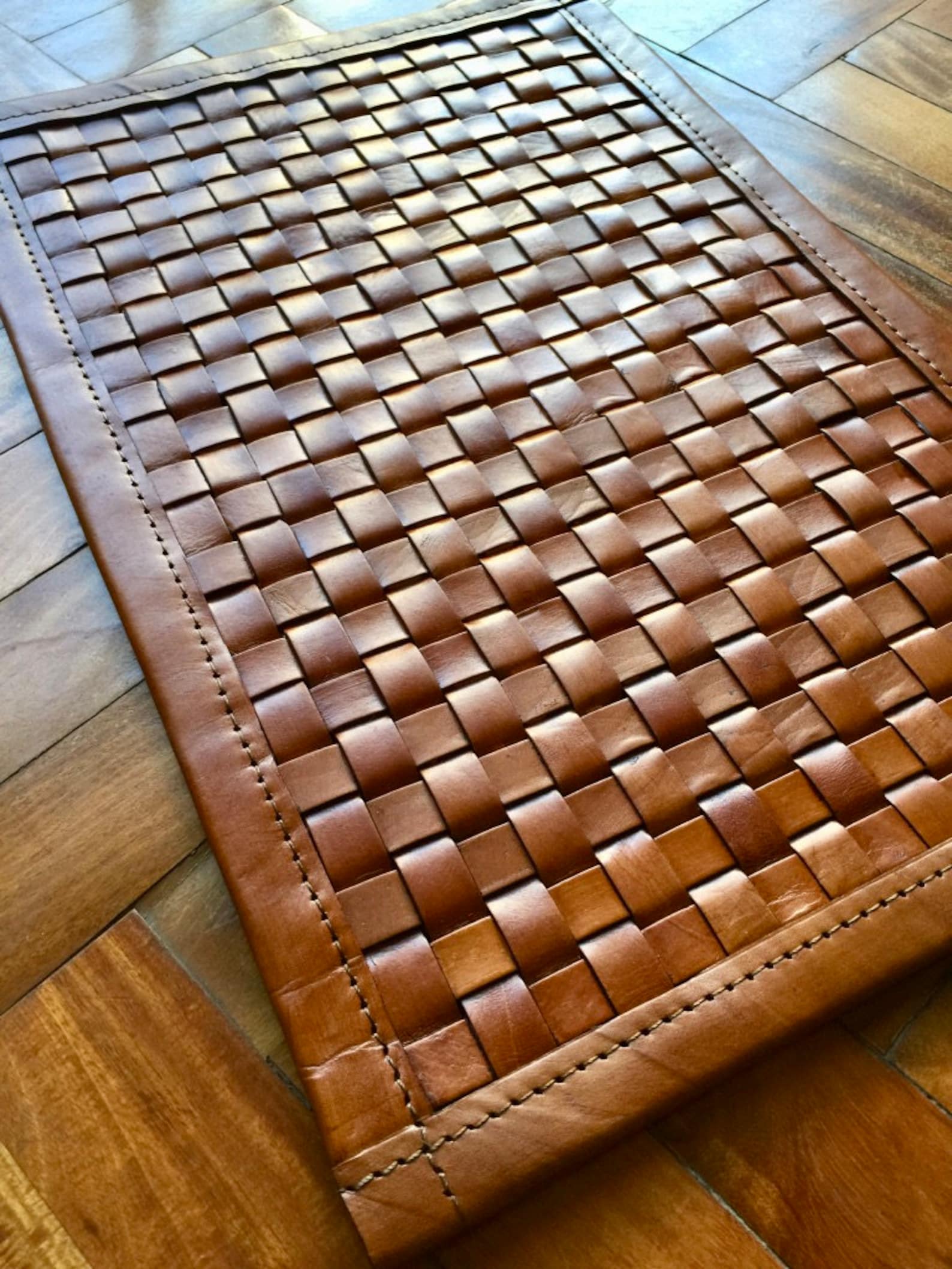 Woven leather rug Antique Guemes Etsy