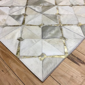 Handmade Cowhide Patchwork Rug Cream Rug, Ivory Rug, Metallic Gold Canuelas cowhide rug leather rug cowhide carpet hair-on-hide rug image 3