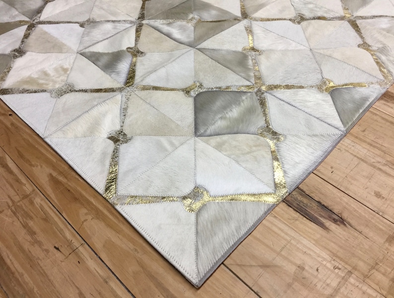 Handmade Cowhide Patchwork Rug Cream Rug, Ivory Rug, Metallic Gold Canuelas cowhide rug leather rug cowhide carpet hair-on-hide rug image 3