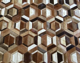 Cowhide Patchwork Rug: Brown and White Leather (Handmade, Custom Size) La Boca Hexagon Design