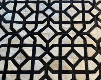 Handmade Cowhide Patchwork Rug, Off White and Black Leather Area Rug, Custom Size Western Decor, Tribunales