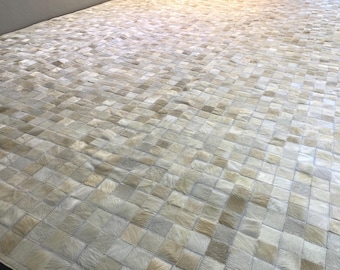 Cream Ivory Cowhide Patchwork Rug, Handmade Hair-on-Hide Leather Area Rug, Neutral Luxury Living Room Rug, 8x10 ft, Boedo