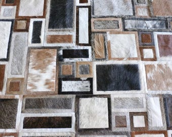 Handmade Cowhide Patchwork Rug: Montevideo Gray Caramel Beige