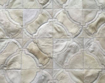 Handmade Cowhide Patchwork Rug, Off White Leather Area Rug, Custom Size Modern Farmhouse Decor, Pinamar