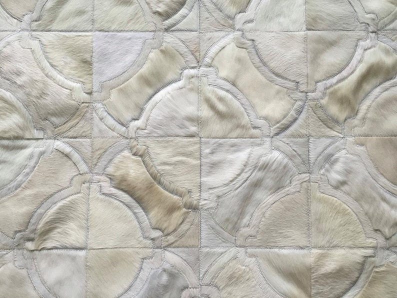 Handmade Cowhide Patchwork Rug, Off White Leather Area Rug, Custom Size Modern Farmhouse Decor, Pinamar image 1