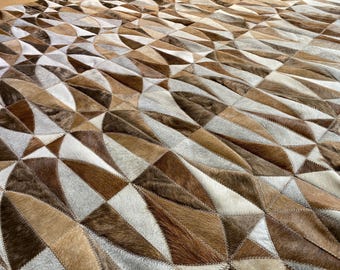 Handmade Cowhide Patchwork Rug in Caramels, White, Taupes and Gray – Leather Area Rug- Lobos