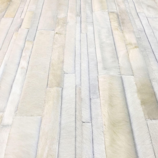 White Cowhide Rug – Striped Hair-On Leather Patchwork Carpet for Living Room Decor