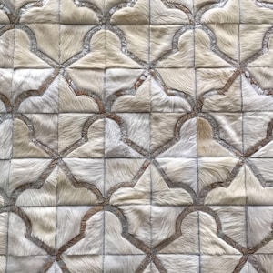 Cowhide Patchwork Rug: Cream and Metallic Silver (Custom Handmade)