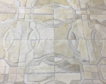 Handmade Cowhide Patchwork Rug, Off White Leather Area Rug, Custom Size Transitional Decor, Tablada