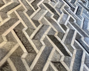 Gray & Cream Cowhide Patchwork Rug: Handmade Leather Floor Decor, Dominico