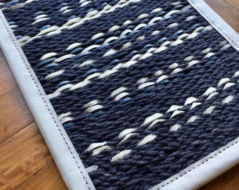 Handmade Cowhide Patchwork Rug, Navy Blue Jute and White Leather Area Rug, Custom Size Western Decor, Thames