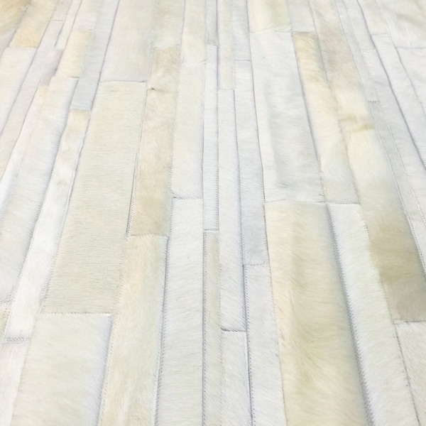Handmade White Cowhide Patchwork Rug - Congreso Striped Design