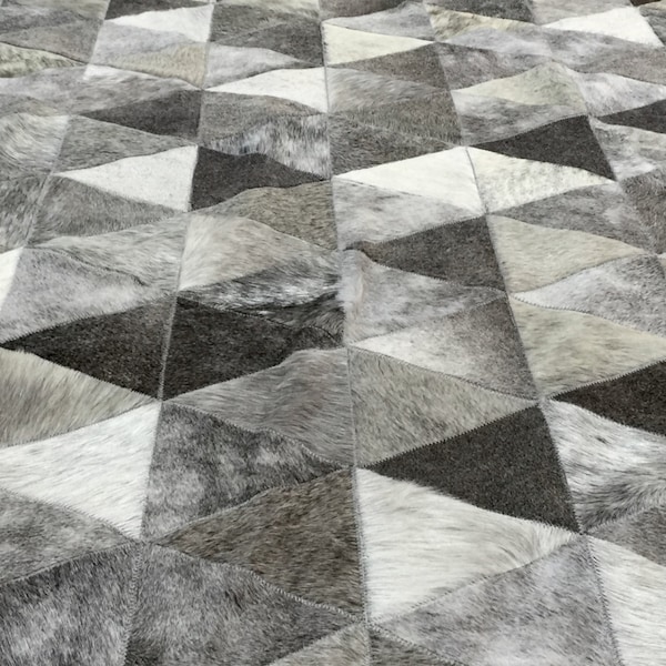 Handmade Cowhide Patchwork Rug: Gray Triangle Design