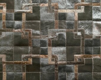 Handmade Patchwork Cowhide Rug: Black & Brown Leather Carpet
