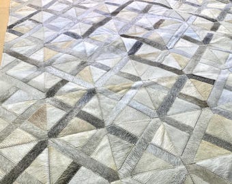 Cream Grey White Cowhide Patchwork Rug, 5 x 8 ft Handmade Leather Hide Area Rug, Neutral Modern Living Room Decor, Hurlingham