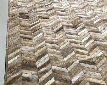 Brown Taupe Cowhide Patchwork Rug, 6.1 x 8.9 ft Handmade Leather Hide Area Rug, Ready to Ship, Neutral Rustic Living Room Decor, Barracas