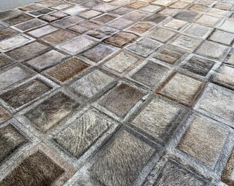 Grey Brown Cowhide Patchwork Rug, 7.8 x 9.8 ft Handmade Leather Area Rug, Ready to Ship, Large Neutral Living Room Decor, Belgrano