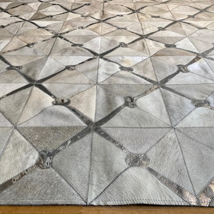 Silver and White Cowhide Area Rug, Silver Leather Carpet, Luxury Patchwork Mat, Modern Diamond Pattern Rug, Large Living Room Rug