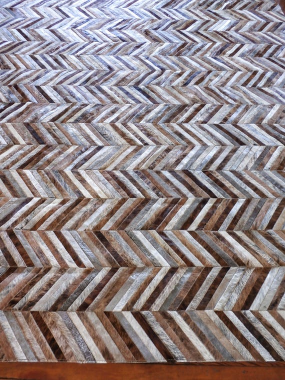 Brown Brindle Cowhide Rug: Herringbone Patchwork Handmade Design