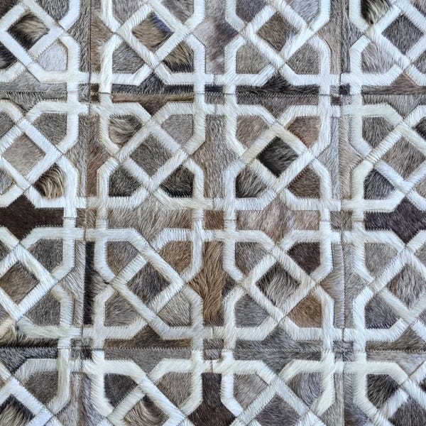 Cowhide Rug: Patchwork Grey Brown Leather - Handmade, Custom Size