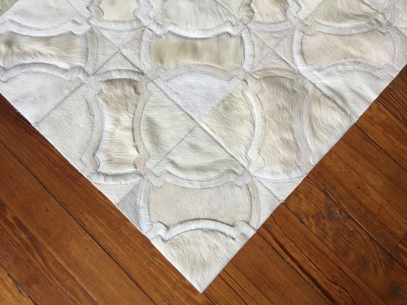 Handmade Cowhide Patchwork Rug, Off White Leather Area Rug, Custom Size Modern Farmhouse Decor, Pinamar image 2