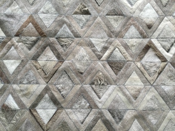 Handmade Cowhide Patchwork Rug: Taupe Gray Geometric Leather Carpet