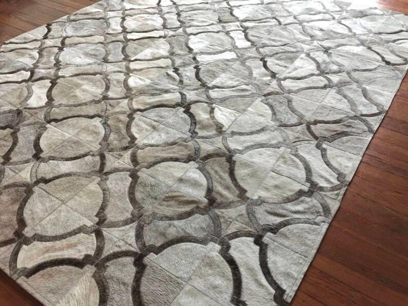 Handmade Cowhide Patchwork Rug: Gray Geometric Design image 3