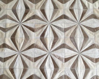 Handmade Cowhide Patchwork Rug, Taupe and Cream Leather Area Rug, Custom Size Boho Decor, Pellegrini