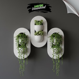 May include: Three white wall planters with oval frames, each holding small green plants. The planters have a modern design and are mounted on a gray wall. The image includes the text "DIGITAL Download".