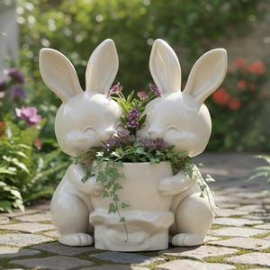 May include: A cream-colored ceramic planter shaped like two smiling bunnies embracing a pot filled with purple flowers and greenery. The bunny planter is a decorative item for the garden or home.