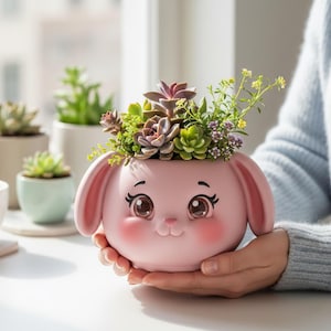 May include: A pink bunny-shaped planter filled with succulents and small flowers. The planter has large, expressive eyes and rosy cheeks. Other potted plants are visible in the background, creating a cheerful, spring-like scene.
