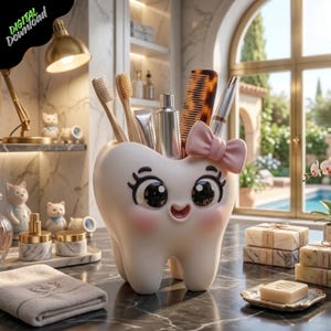 May include: A novelty tooth-shaped holder, featuring a smiling face and a pink bow, filled with toothbrushes, a comb, and toiletries. The background shows a marble surface and a window with a view of a swimming pool.