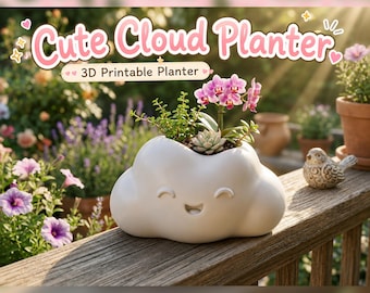 Puede incluir: Una maceta blanca con forma de nube y cara sonriente, que contiene una pequeña suculenta y una orquídea rosa. El texto "Cute Cloud Planter" y "3D Printable Planter" aparece encima en una tipografía redondeada de color rosa y blanco.